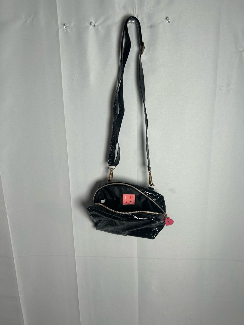 ipsy Black Patent Crossbody with Pink Logo Accent